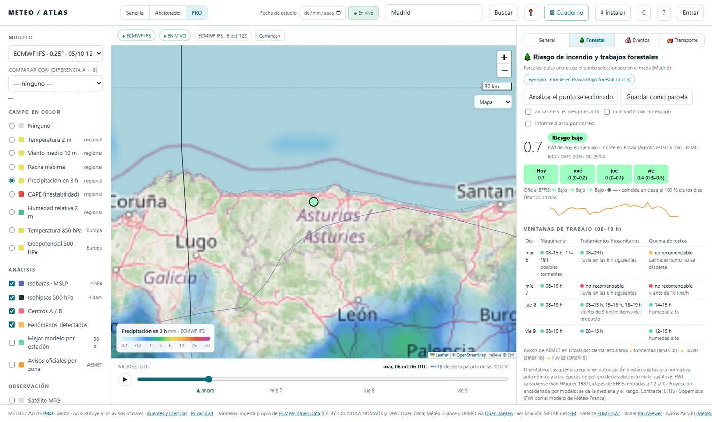 Vista PRO del sector forestal: riesgo de incendio bajo en una parcela de Asturias, su evolución en cuatro días, la comparación con EFFIS y una tabla con las ventanas de trabajo para maquinaria, tratamientos y quemas.