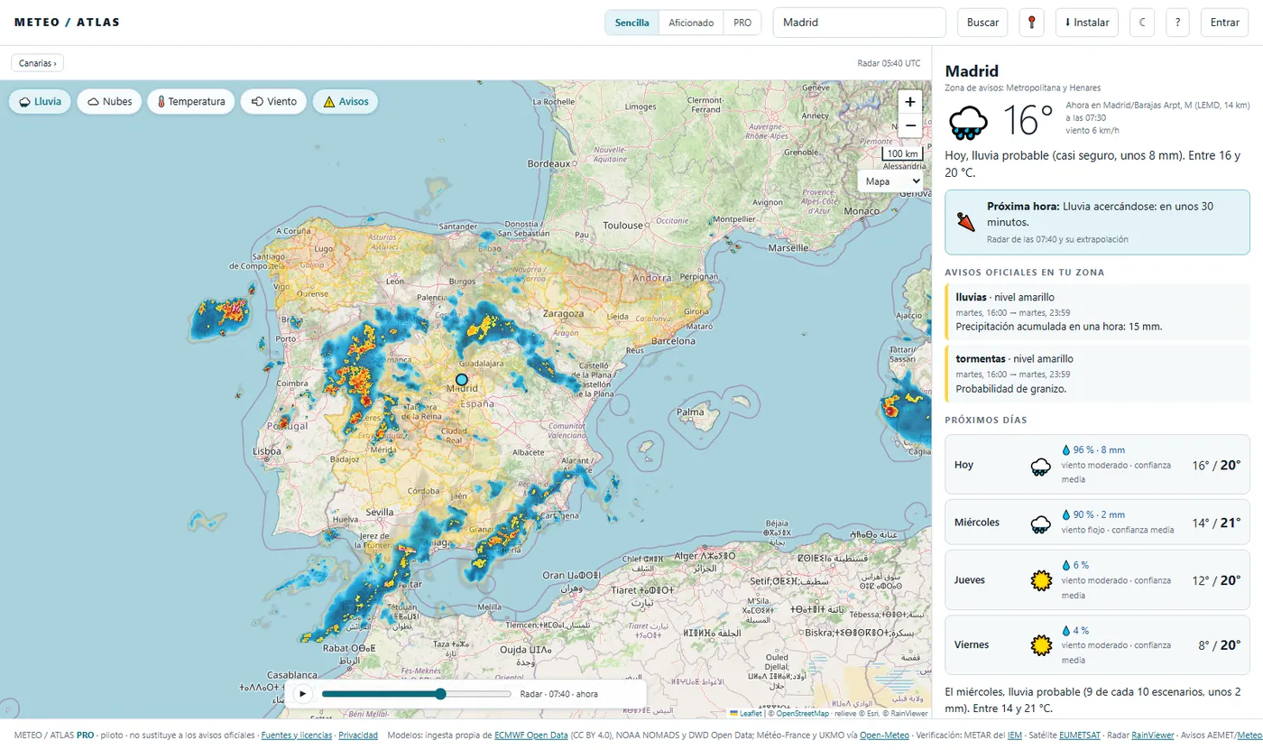 Vista sencilla del panel: mapa de España con la lluvia del radar, el tiempo de ahora en Madrid, los avisos de AEMET de la zona y la previsión de cuatro días con su probabilidad de lluvia.