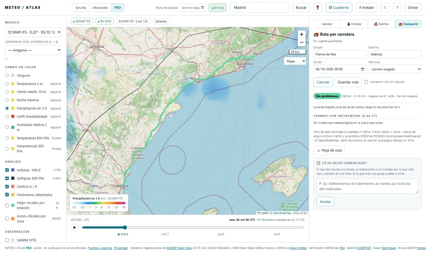 Vista PRO del sector de transporte: ruta por carretera de Premià de Mar a Valencia dibujada en el mapa, con el estado de cada tramo y la hora de llegada.